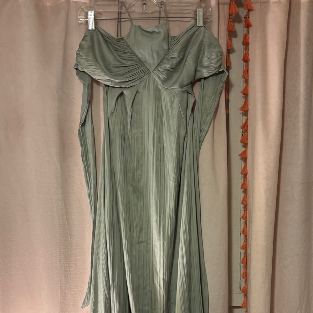 Elegant Anthropologie Sage Green Off-Shoulder Dress